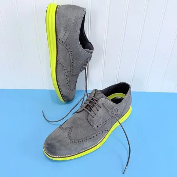 Cole Haan Grand.OS gray Suede Wingtips Yellow Sole Shoes Men's 9 1/2 M - Picture 3 of 17